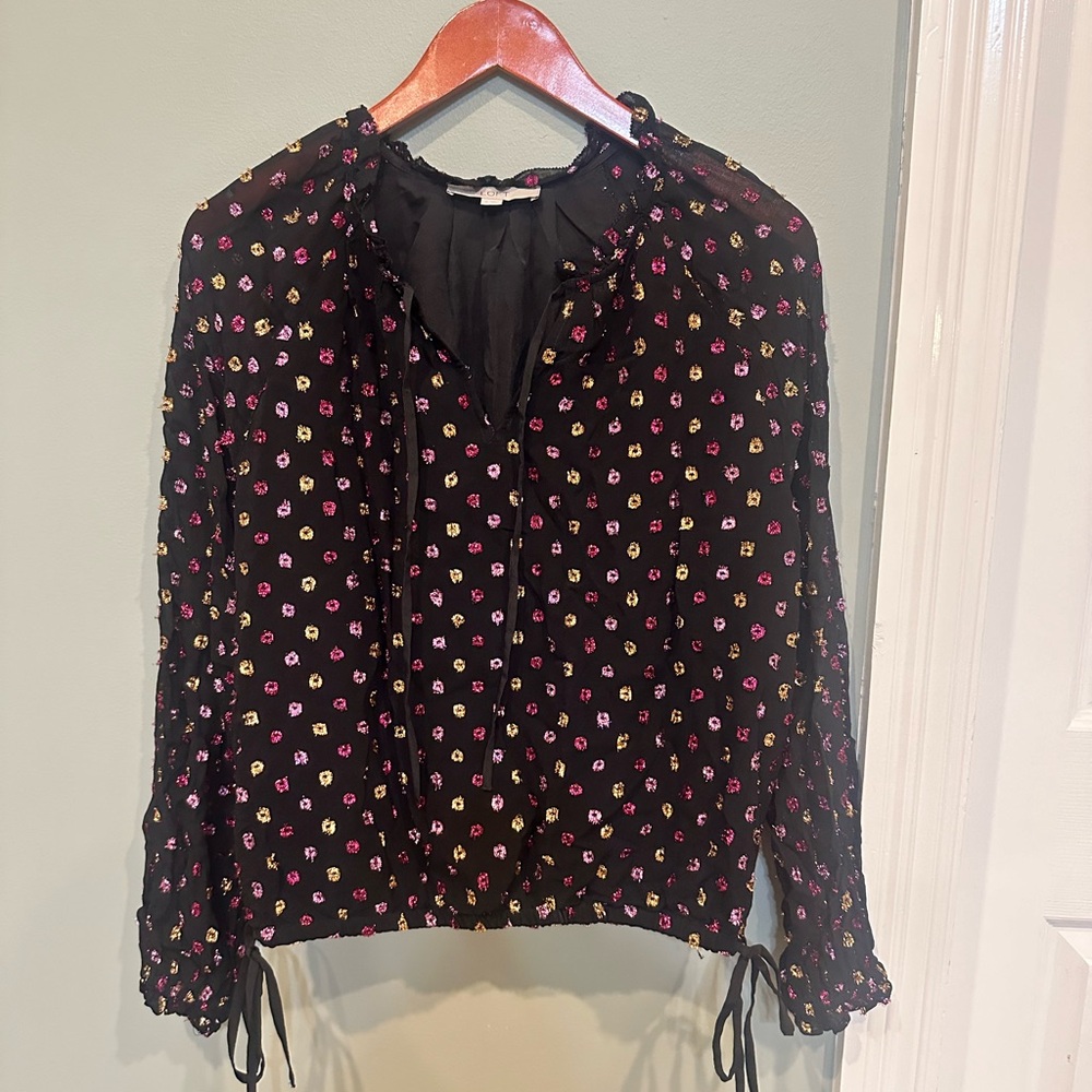 LOFT Black and Metallic Long Sleeve Ruched Blouse